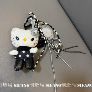 波点小猫尼龙绳车钥匙扣书包挂件耳机套挂饰创意黑白甜酷风新款