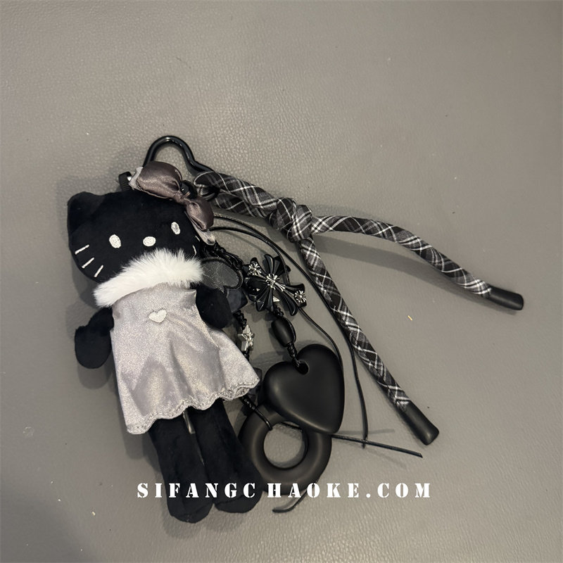 淑女风初秋黑色小猫创意尼龙绳手机壳挂件书包挂饰耳机套耳机套