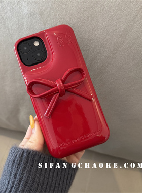 蝴蝶结红色新年款圣诞节皮质立体适用iPhone17proMax手机壳15/14/13PM套防摔15P壳简约