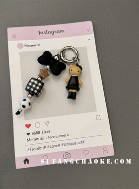 甜酷风卡通小猫车钥匙扣手机壳挂件书包包包挂绳格子早秋款