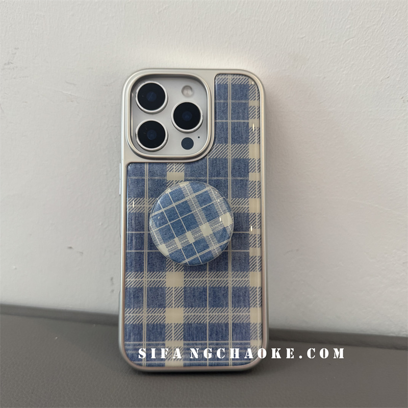 蓝格子初秋支架圆形适用iPhone17Promax手机壳16/15/17Pro壳16PM套简约14
