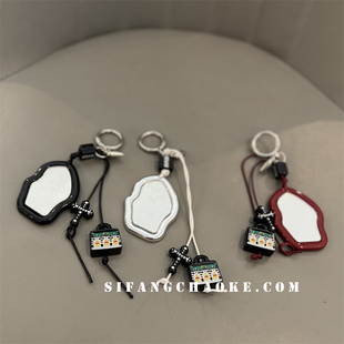 自制新款树脂挂绳镜子小爱心百搭钥匙扣手机壳挂件编织绳包包装饰