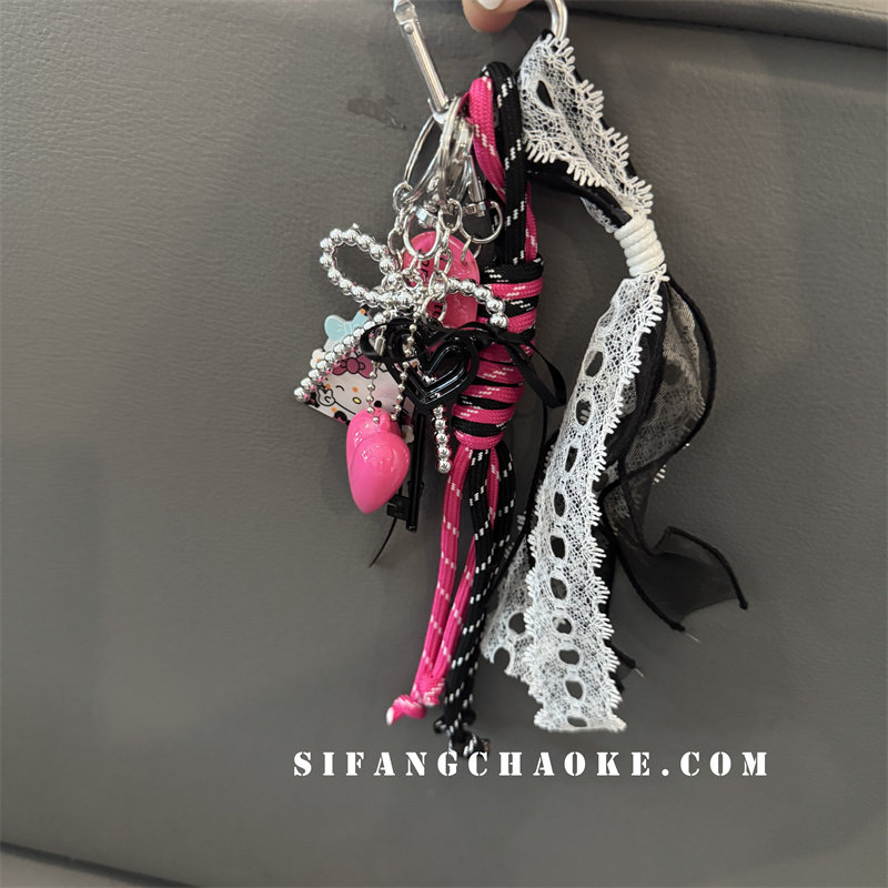 蝴蝶结卡通牌爱心玫红色车钥匙扣挂件书包包包挂饰创意尼龙手绳