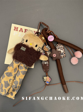 豹纹棕色毛绒蝴蝶结尼龙绳包包挂件书包发夹链条手机壳挂饰