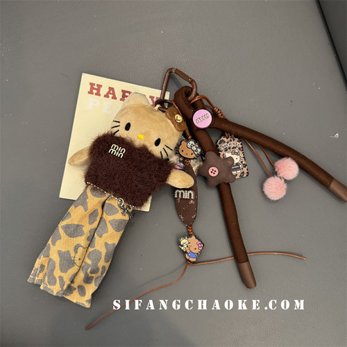 豹纹棕色毛绒蝴蝶结尼龙绳包包挂件书包发夹链条手机壳挂饰