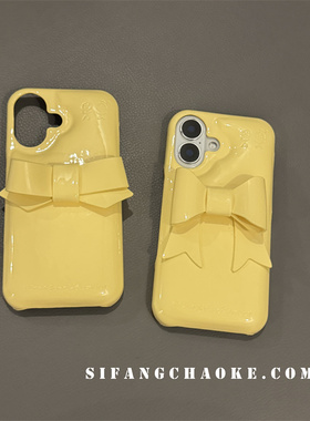 柠檬黄色蝴蝶结皮质创意适用iPhone16Promax手机壳15/14/13Pro套15PM壳
