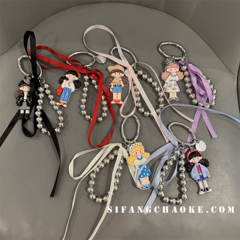 银珠蝴蝶结爆米花妹车钥匙扣手机壳挂件书包挂饰创意包包挂绳