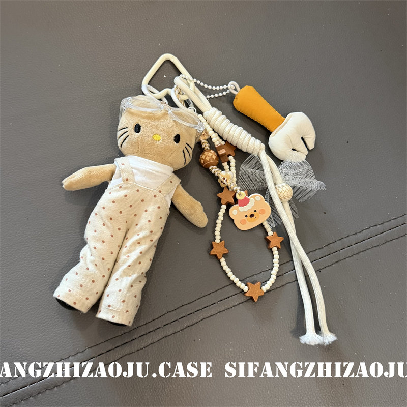 波点卡其色小猫车钥匙扣手机壳挂件书包挂绳创意耳机套挂绳
