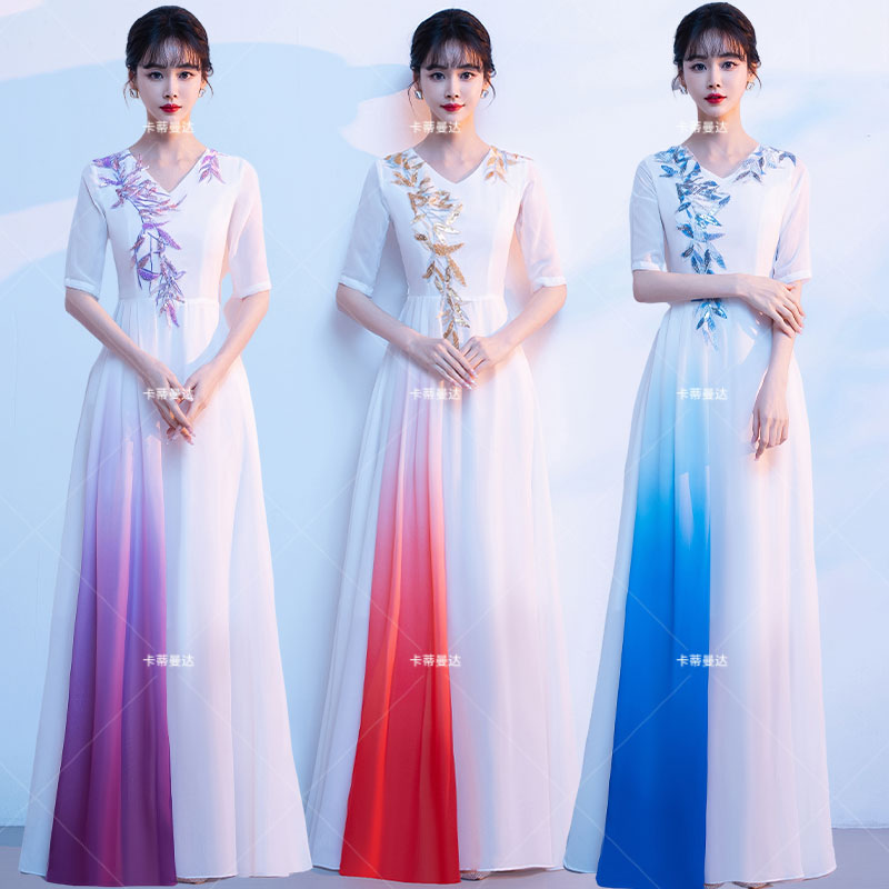 新款大合唱團(tuán)演出服女長(zhǎng)裙?jié)u變紅歌朗誦服主持宴會(huì)晚禮服表演服裝