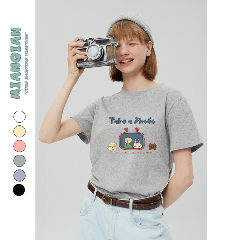 棉牵日系可爱卡通灰色正肩短袖t恤女纯棉宽松夏季小个子半袖上衣