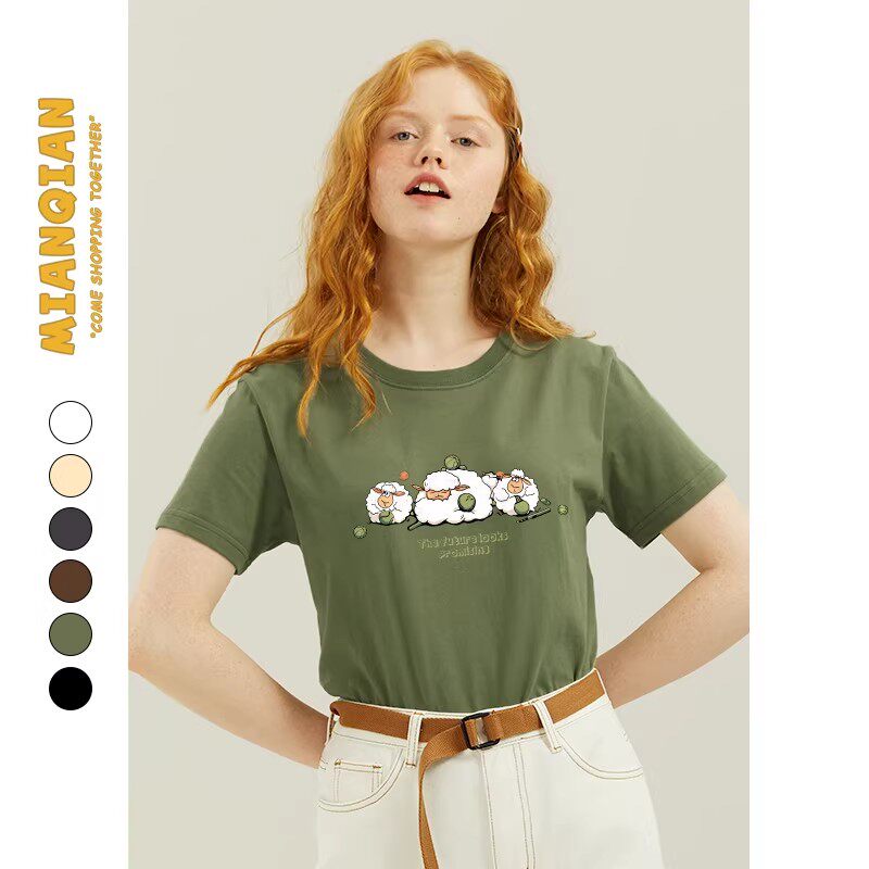 棉牵军绿色卡通正肩短袖t恤男女同款夏季宽松显瘦纯棉半袖上衣