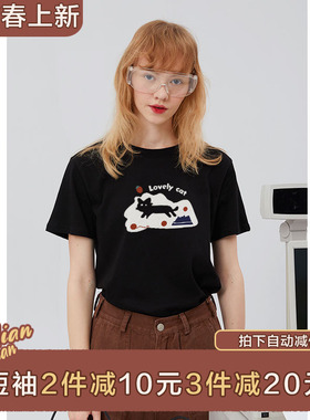 棉牵甜酷风卡通t恤正肩短袖女显瘦夏季圆领上衣100%纯棉黑色半袖