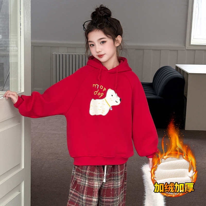 女童卫衣加绒上衣冬装新年服加厚