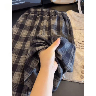 女童加绒裤子冬季一体绒格子长裤
