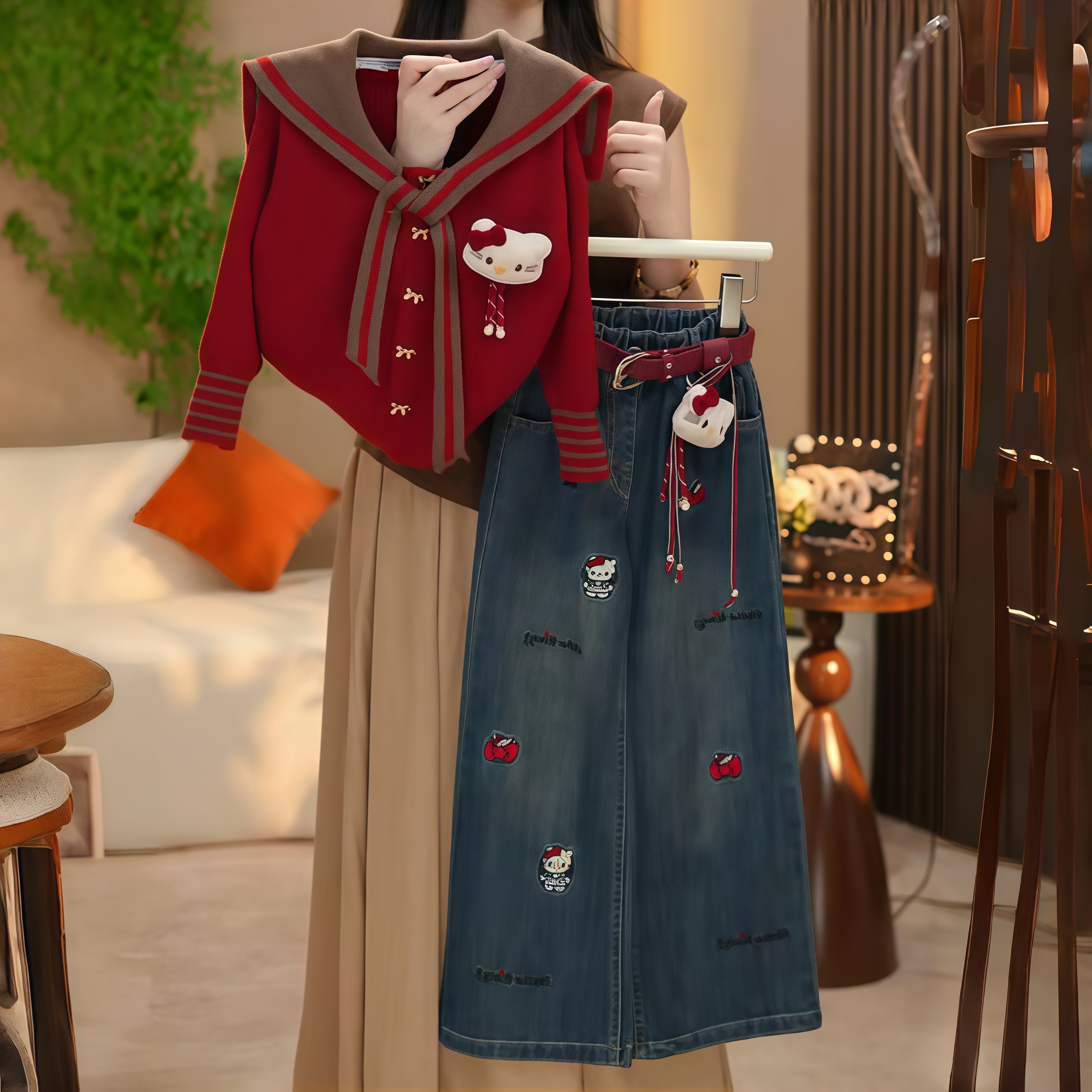 女童套装秋季洋气牛仔毛衣两件套