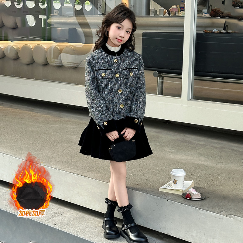 女童套装冬季2025新款儿童裙子加棉加厚小香风女大童衣服冬装套裙