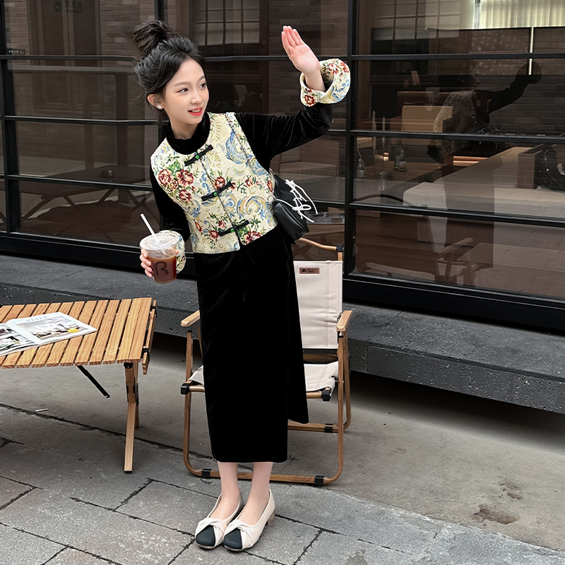 半咖女童丝绒裙中国风秋季连衣裙