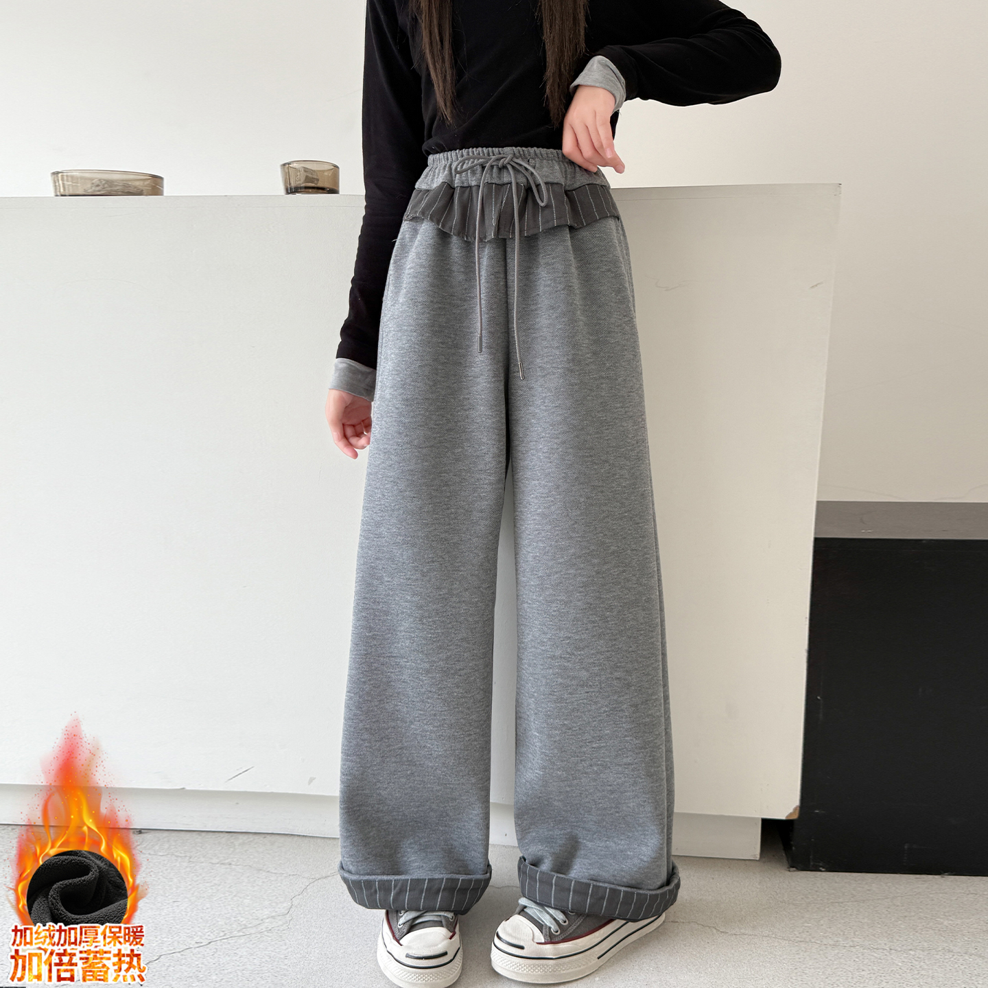 女童加绒裤子儿童一体绒阔腿裤