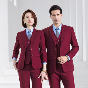 高端酒红色西装套装男女秋冬季商务企业正装主持人职业工作服气质