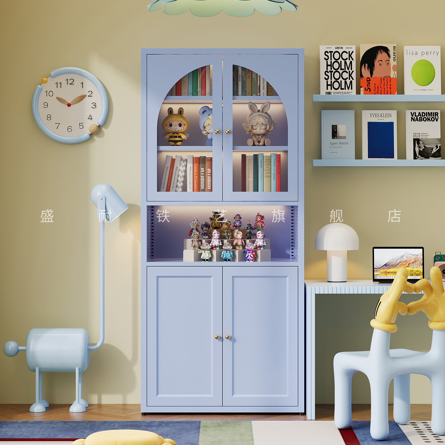 奶油风客厅书柜带柜门玻璃防尘