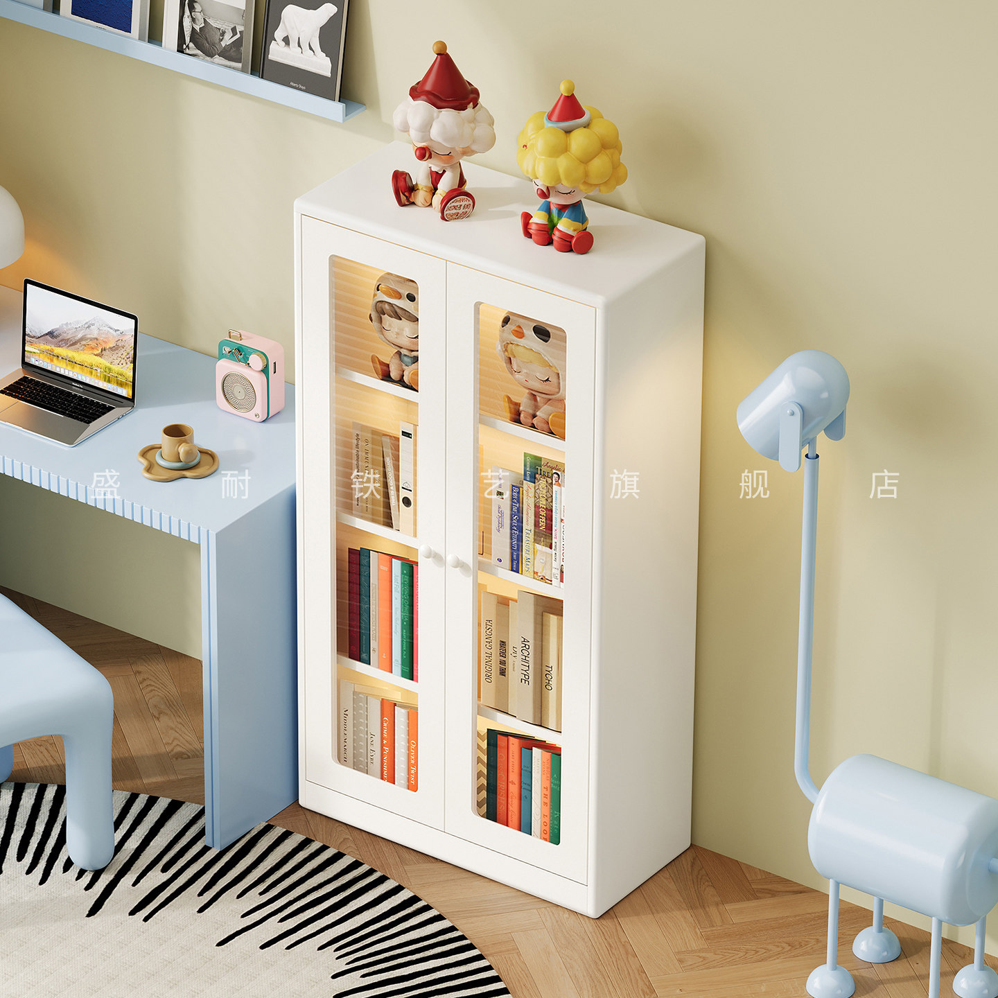 中古风儿童书柜小户型住宅客厅角落书架储物柜卧室墙角展示置物柜