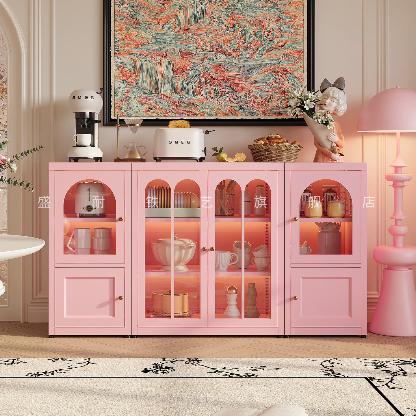 家用厨房餐厅收纳柜法式风储物茶水铁皮柜简约客厅组合防尘餐边柜