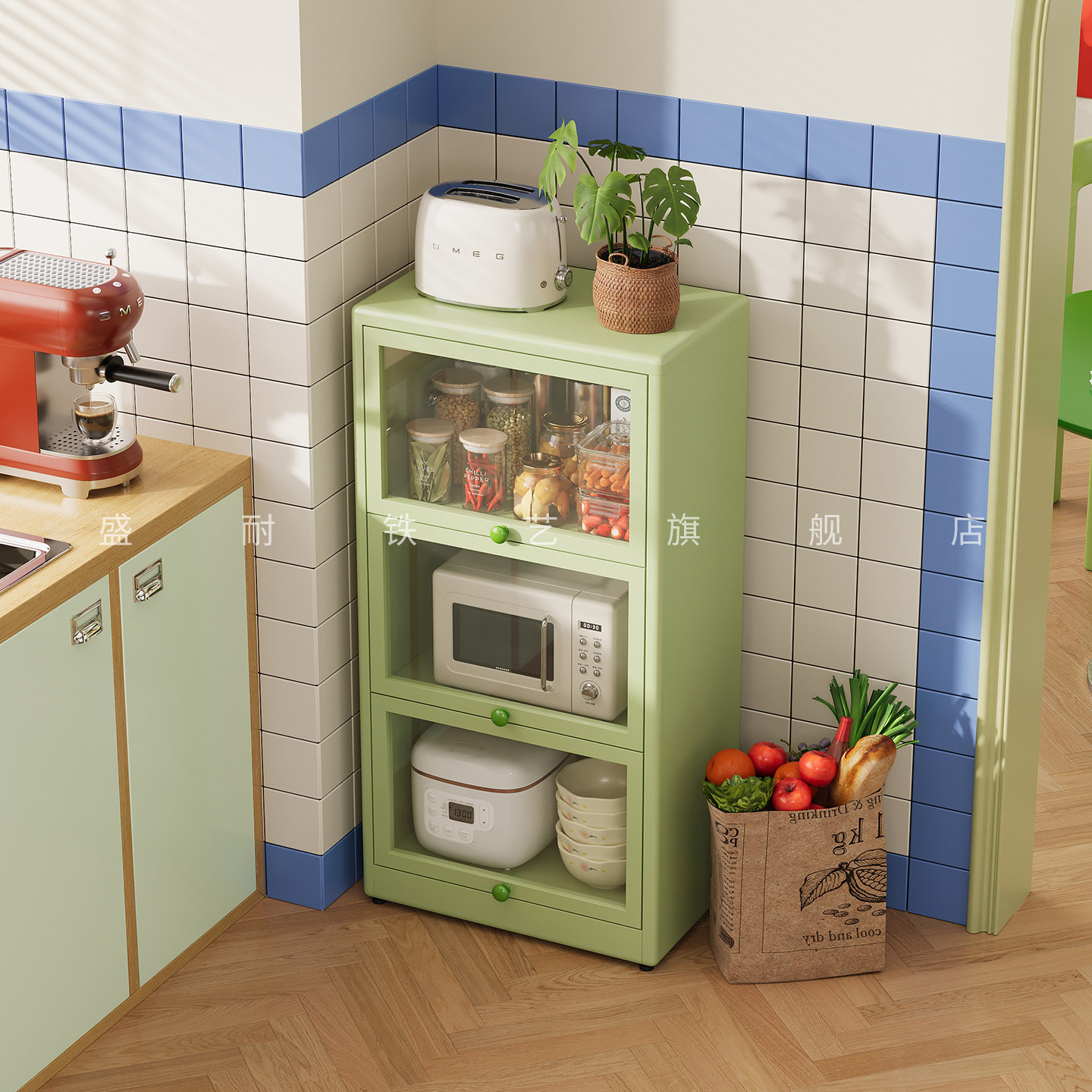 2026年铁艺新型厨房置物架柜带玻璃门一体放置防潮碗柜调味储物柜