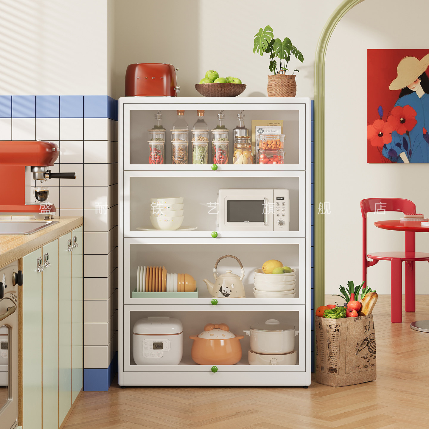 新型创意钢制厨房置物架家用分层带门防潮防尘餐具铁艺放置小边柜