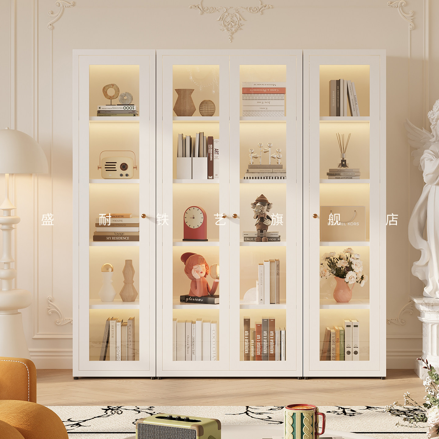 网红新款1.8米法式奶油风书柜现代简约家用书架置物柜玻璃展示柜,住宅家具,单个书柜,淘宝优惠券,粉丝福利购,淘宝优惠卷