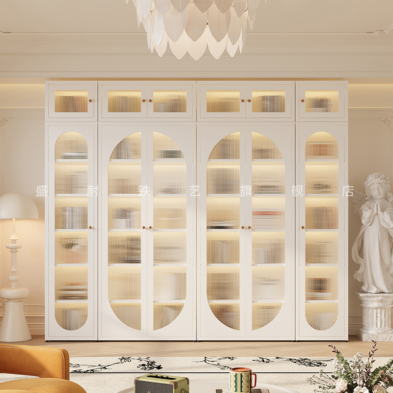 2.4米高书柜顶柜组合法式奶油风玻璃带门家用书架手办置物展示柜