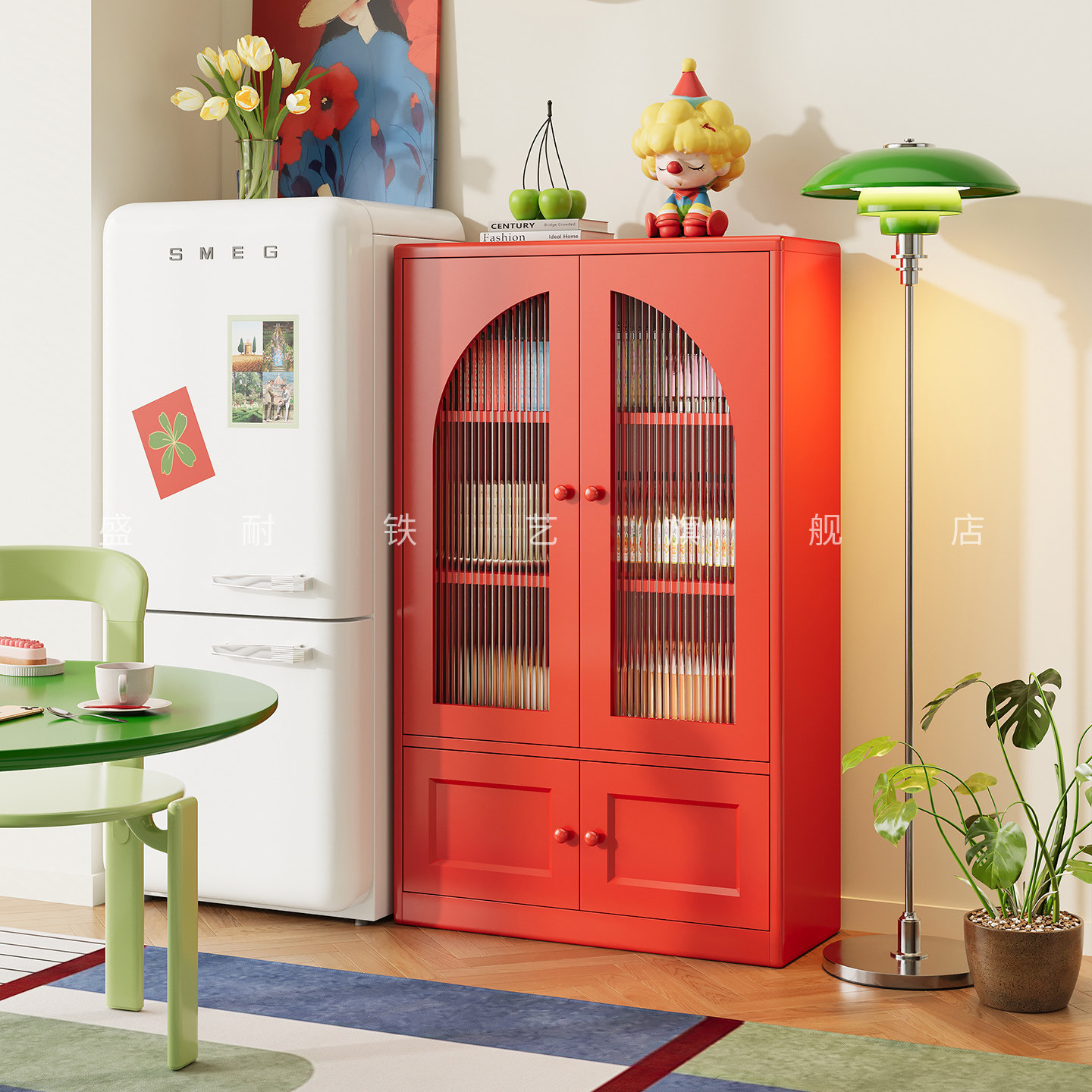 复古风餐边柜适合放客厅的柜子靠墙一体储物茶水柜墙边铁艺置物柜