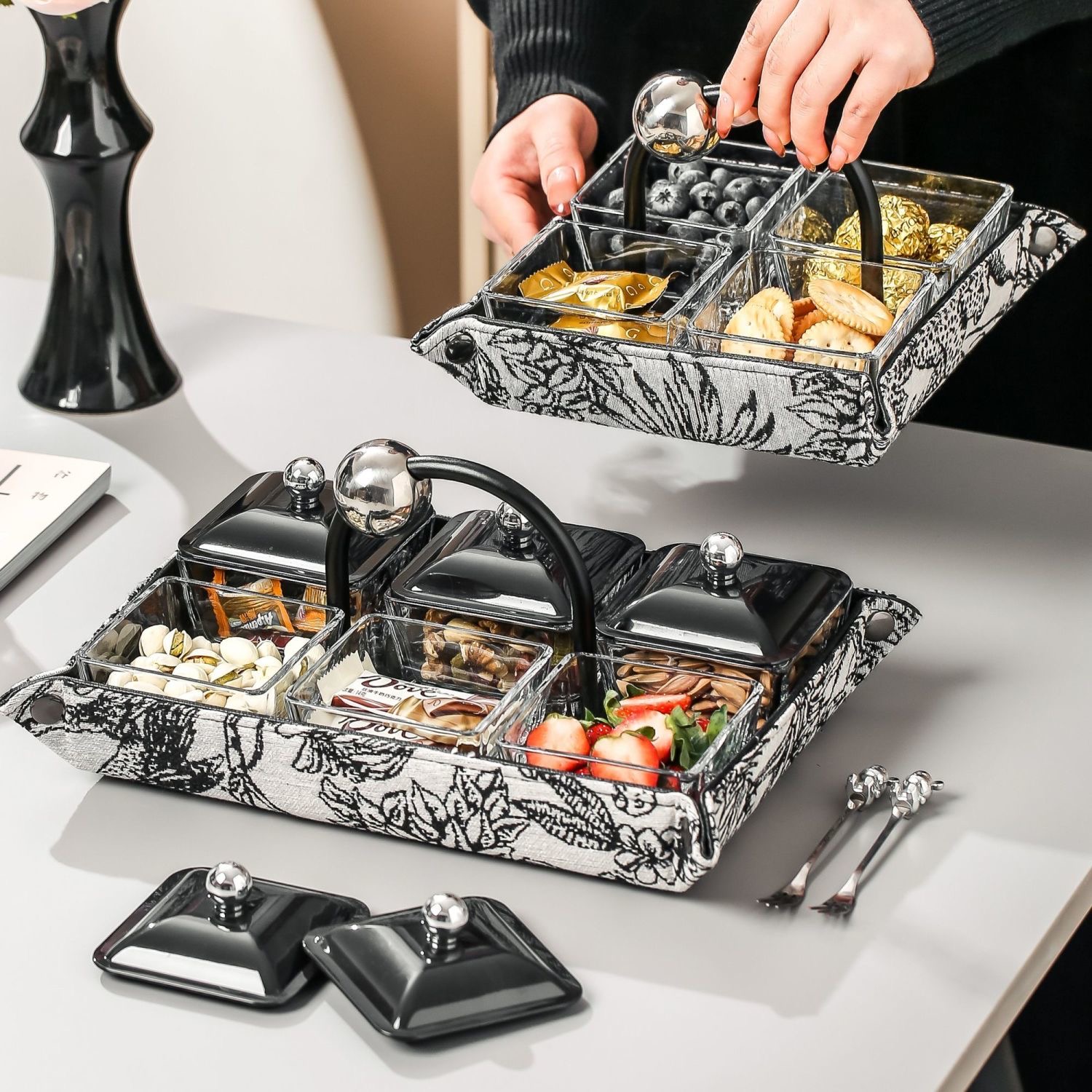 【皮革精致家用果盘】客厅茶几带盖分格精致高档零食糖果盒果盘