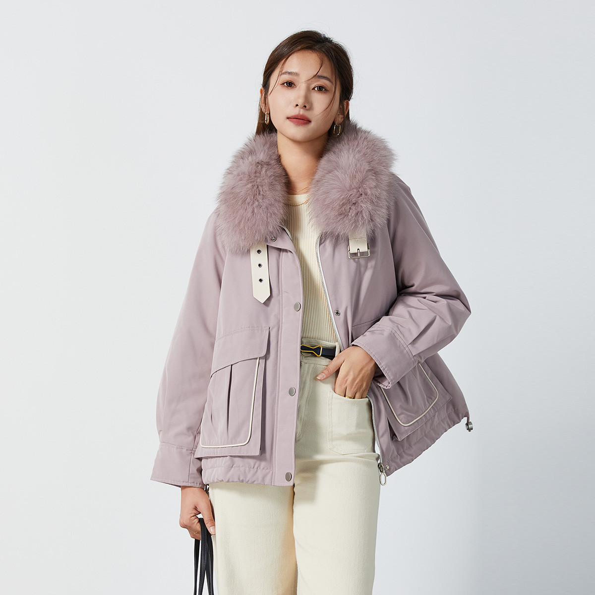 女士羽绒服工装大口袋休闲时尚高端派克服狐狸毛领外套