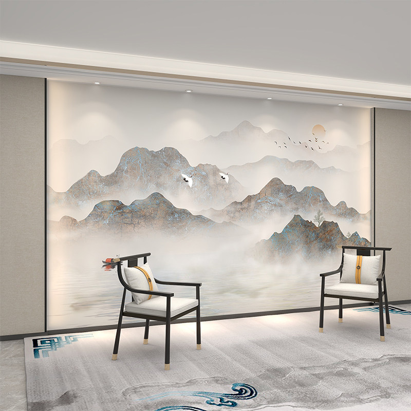 墙纸定制中式水墨山水画电视背景墙壁纸客厅影视墙布壁布卧室壁画_虎窝淘