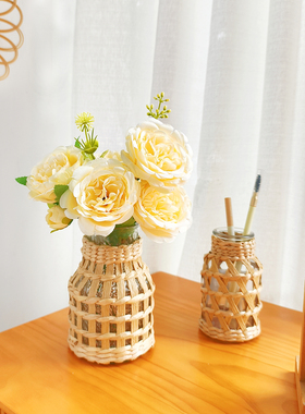 ins风草编玻璃花瓶拍照氛围道具拍摄场景布置假花仿真花束小摆件