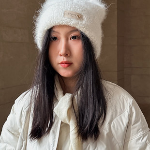 兔毛混纺加厚保暖卷边耳朵白色浅灰色毛线帽针织帽滑雪帽户外帽子