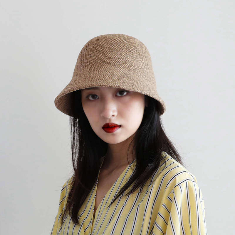 日本透气亚麻渔夫帽子女针织优雅圆顶太阳帽米色春夏季防晒遮阳帽