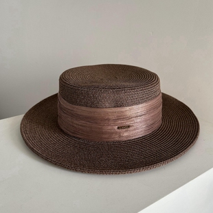咖色设计师款真丝麻感洋气大檐平顶礼帽草帽遮阳出游度假夏女