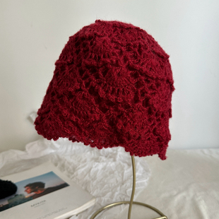 手工复古红色花朵马海毛女士堆堆帽冷帽针织帽毛线帽妈妈手打款