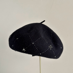 优雅女士带钻手工珍珠羊毛贝雷帽造型帽精致时髦棕色冬季保暖帽子