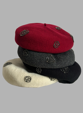 红色白色手工缝制花朵带钻优雅精致贝雷帽羊毛保暖复古帽子秋冬女