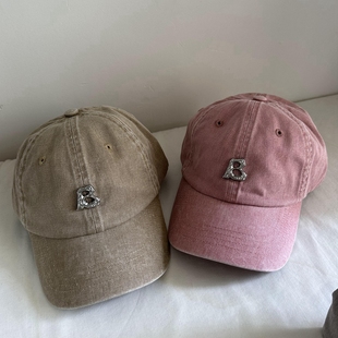 水洗做旧粉色灰色字母棒球帽潮人鸭舌帽遮阳帽户外防晒薄款女士夏