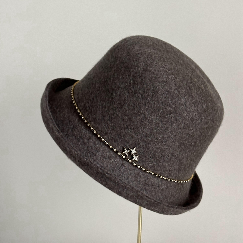 带钻卷边秋冬羊毛呢可折叠礼帽盆帽显脸小中老年优雅精致保暖帽子