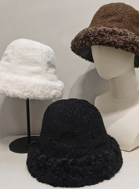 设计师款白色咖色羊毛保暖渔夫帽盆帽显脸小精致小香风高级感帽子