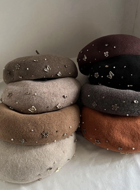 带钻手工蝴蝶结碎钻羊毛贝雷帽冬季优雅时尚女士蓓蕾帽复古灰色咖