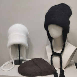 兔毛高级感白色咖色护耳帽设计师款滑雪帽保暖女士冬季防风帽