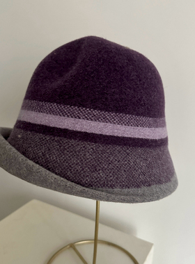 优雅卷边小帽檐圆顶渔夫帽羊毛礼帽盆帽妈妈款精致紫色粉色保暖帽