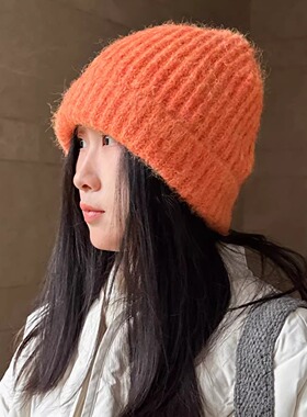 羊驼毛女士浅蓝色橙色粉紫色毛线帽针织帽保暖显脸小冬季帽子