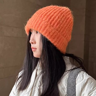 羊驼毛女士浅蓝色橙色粉紫色毛线帽针织帽保暖显脸小冬季帽子