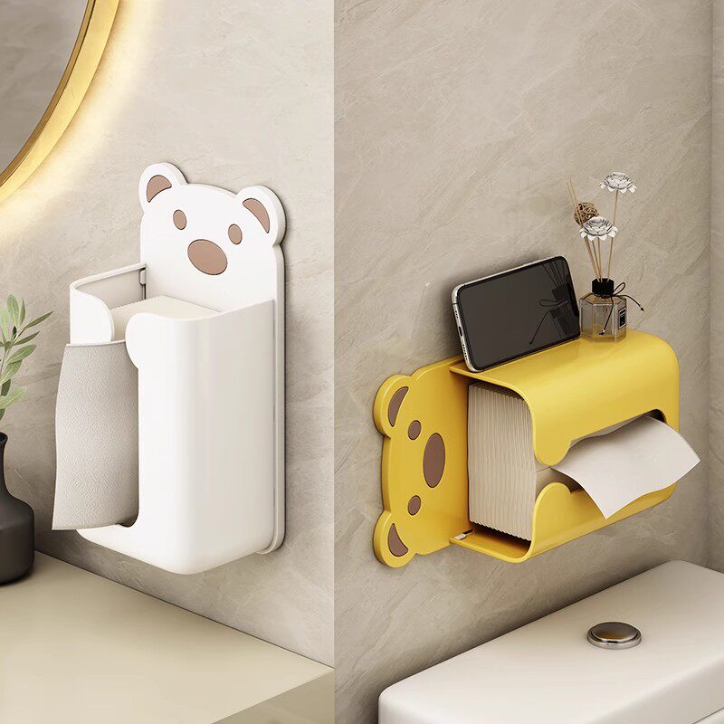 小熊纸巾盒壁挂式卫生间洗脸巾收纳盒厨房免打孔倒挂抽纸盒卷纸架